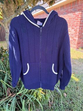 Vintage Thane XL Navy Ribbed Knit Full Zip Hooded Sweater Made in Taiwan